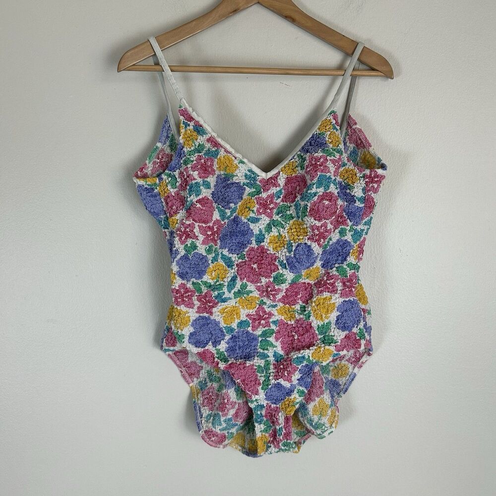 Vintage Gabar Swimsuit Womens 14 Blue Floral Ribbed One Piece Made in USA Y2K